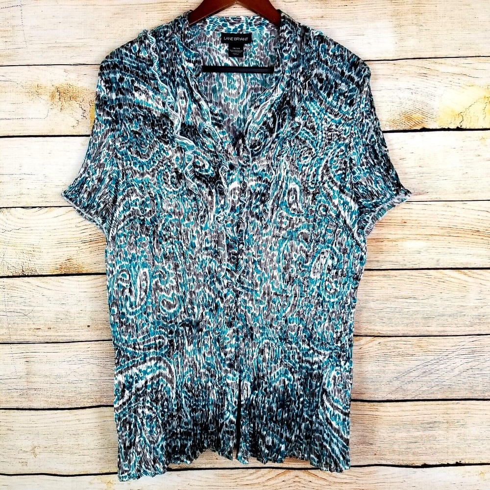 Lane Bryant Top Womens Size 18 20 Blue Paisley Geometric Button Front Blouse